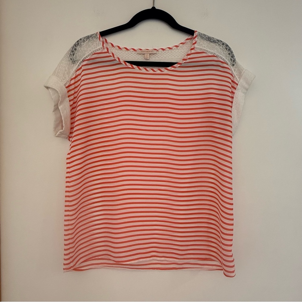 ✅ Skies Are Blue small lace Striped Blouse top tshirt sheer short sleeve shirt